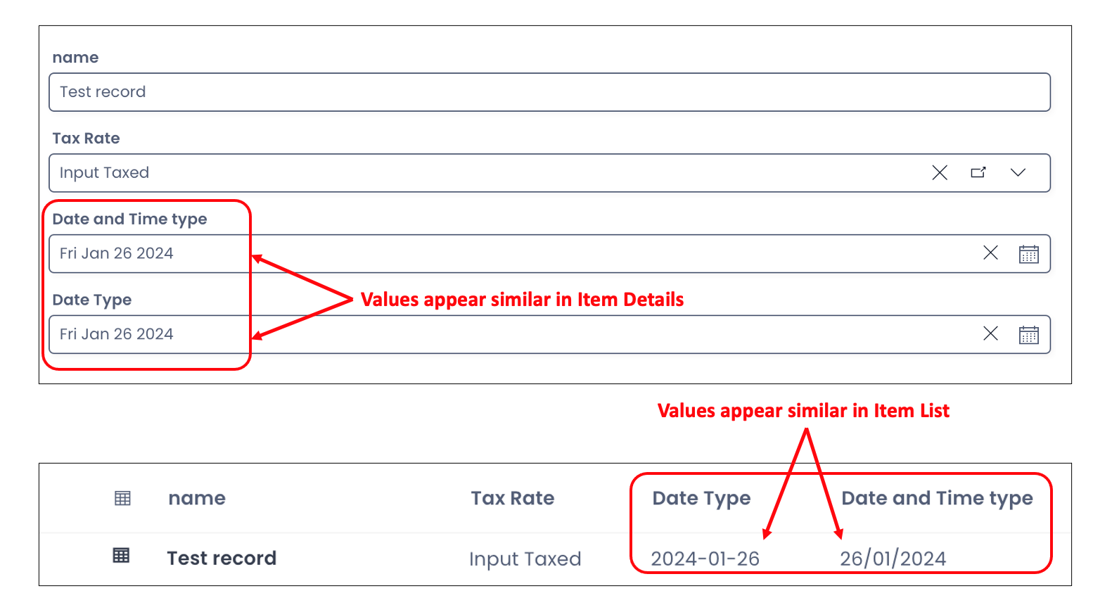 Image showing the similarity in appearance of values of Date and Time type and Date type in Explorer